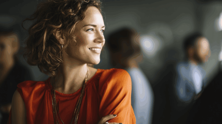 A smiling woman with curly hair looks to the side, wearing an orange top and layered necklaces. The background shows blurred figures, suggesting a social or networking event. The image captures a confident and cheerful ambiance.