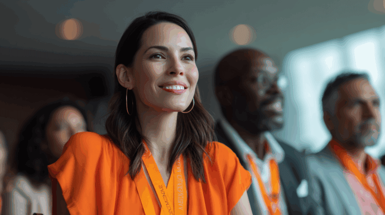 A smiling woman in an orange blouse and hoop earrings sits in a conference audience, looking engaged and attentive. She has a name tag around her neck and several individuals are visible behind her, hinting at a professional or networking event atmosphere. Soft lighting enhances the scene.