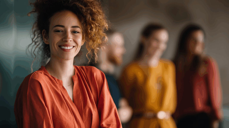 A smiling woman with curly hair wearing an orange blouse stands in focus. Behind her are three blurred individuals, two women and one man, engaged in conversation. The setting appears casual and warm, suggesting a friendly atmosphere.
