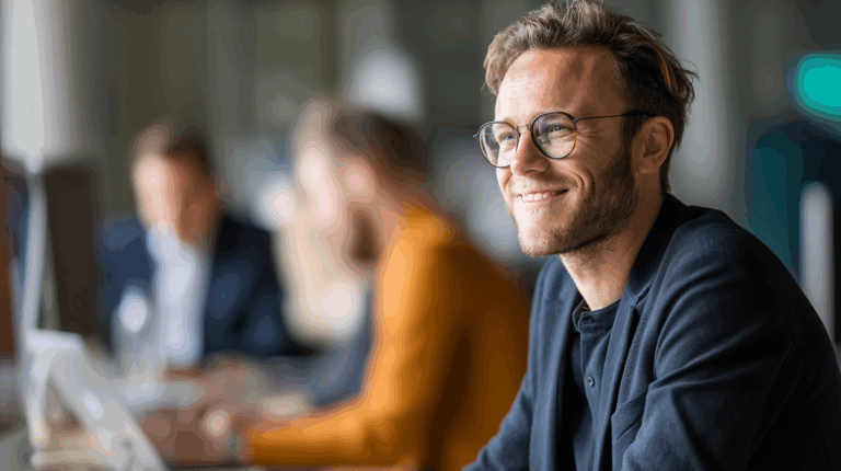 A smiling young man with glasses sits at a table in a modern office environment. He is dressed in a black jacket and appears engaged while looking towards the camera. In the background, blurred colleagues are visible, working on laptops and interacting in a professional setting.