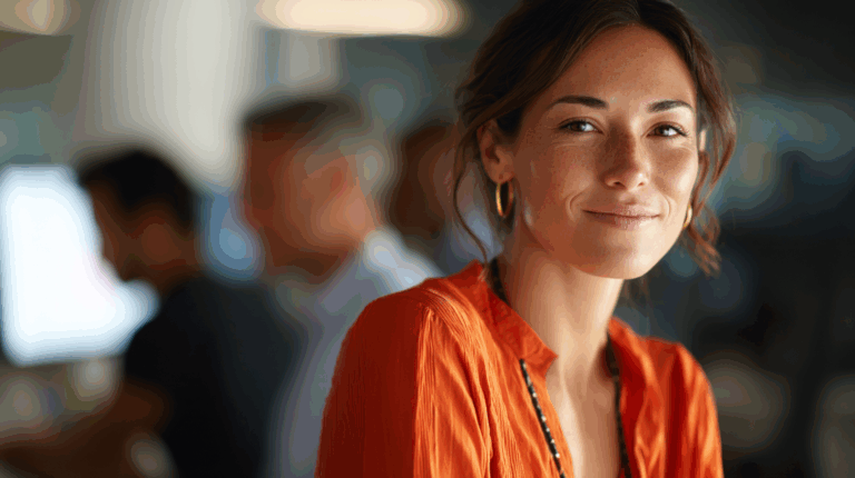 A young woman with long brown hair and freckles smiles warmly at the camera. She is wearing an orange blouse and hoop earrings. In the background, blurred figures are working at computers, suggesting a modern office environment. The lighting is soft, creating a friendly and welcoming atmosphere.