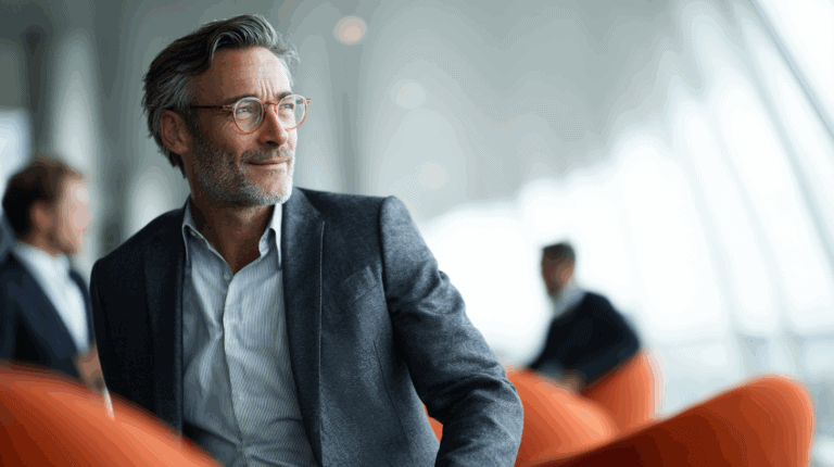 A man with gray hair and glasses, wearing a dark blazer over a light shirt, sits pensively in a modern, well-lit space. In the background, blurred figures of other people are seated in orange chairs, contributing to a professional atmosphere. The focus is on the man's thoughtful expression.