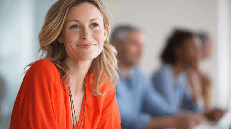 A woman with blonde, wavy hair smiles while wearing a bright orange top. In the background, a group of people are partially visible, engaged in a discussion. The setting appears to be a bright, modern conference room or office environment.
