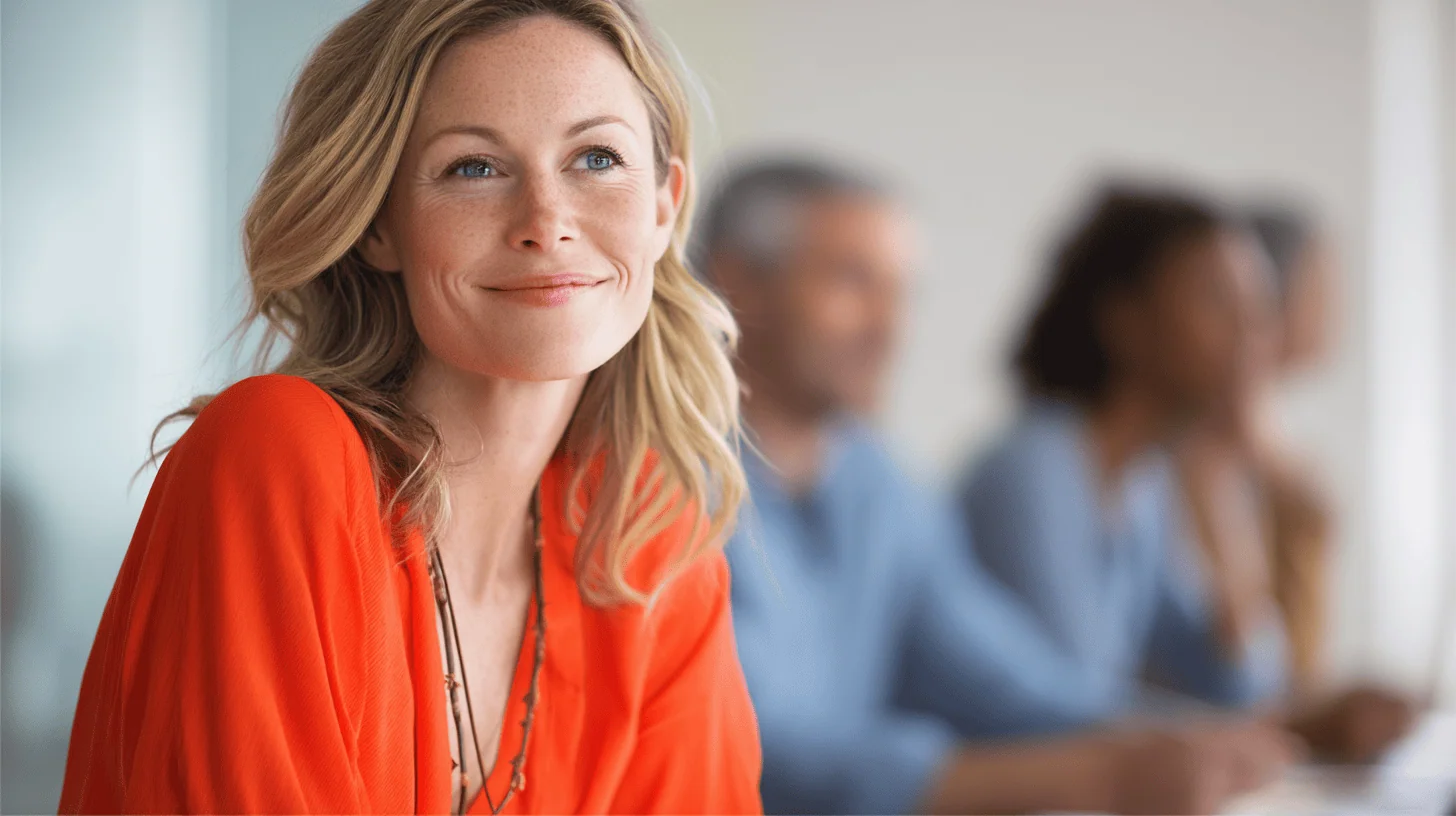 A woman with blonde, wavy hair smiles while wearing a bright orange top. In the background, a group of people are partially visible, engaged in a discussion. The setting appears to be a bright, modern conference room or office environment.