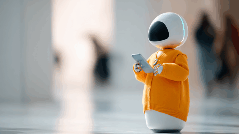 A cute, small robot stands holding a smartphone, dressed in a bright orange cardigan. The background is softly blurred, suggesting a modern indoor environment with indistinct figures in motion. The robot features a smooth, round head with a digital display for eye-like features.