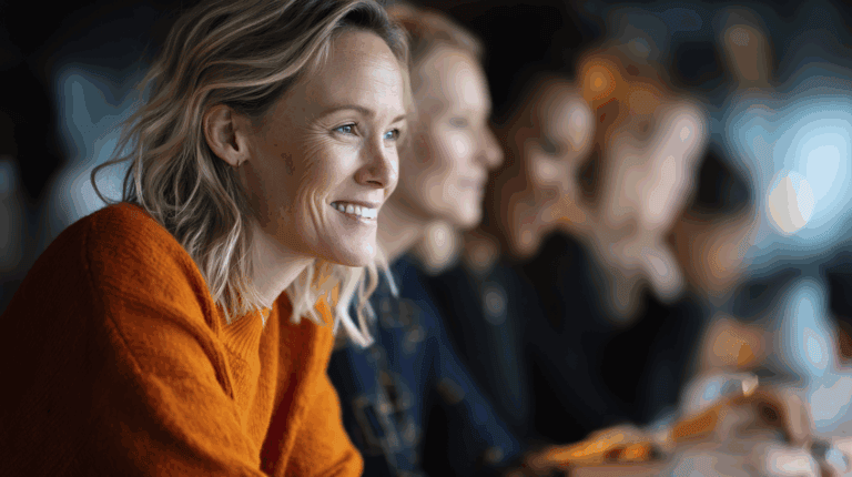 A smiling woman with wavy blonde hair sits at a table, wearing an orange sweater. She is part of a group of women engaged in conversation, with blurred faces of others in the background. The atmosphere appears warm and friendly, suggesting a social gathering or meeting.