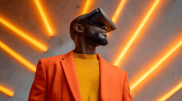 A person wearing a VR headset stands in front of a backdrop featuring glowing orange neon light beams. They are dressed in an eye-catching orange blazer and a yellow textured sweater, looking upward in a futuristic setting. The image conveys a sense of modern technology and innovation.