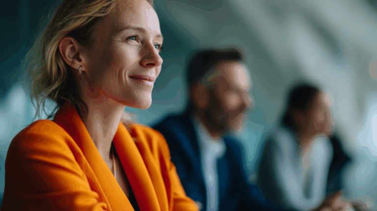 A woman in an orange blazer smiles softly, depicting a sense of contentment. In the background, two blurred individuals are seated, suggesting a professional or collaborative setting. The atmosphere is bright and modern, emphasizing the woman's positive demeanor amidst a focused group.