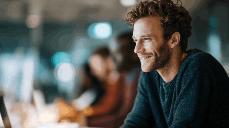 A smiling man with curly hair sits at a desk, looking at a computer. He wears a dark sweater and is surrounded by blurred figures also working at their computers in a modern, well-lit environment. The atmosphere suggests a collaborative or focused workspace.