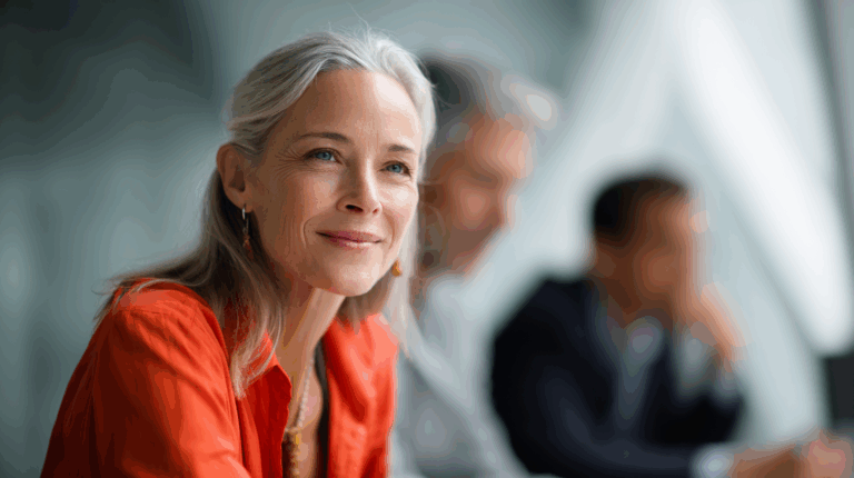 A smiling older woman with long, gray hair, wearing an orange shirt and dangling earrings, sits at a table. In the background, two blurred figures are visible, suggesting a collaborative or professional setting. The overall atmosphere conveys focus and engagement.