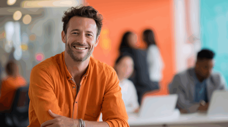 A smiling man in an orange shirt sits at a table with his arms crossed, in a modern office setting. Blurred colleagues are visible in the background, engaged in conversation. The environment features an orange accent wall, contributing to a vibrant and collaborative atmosphere.