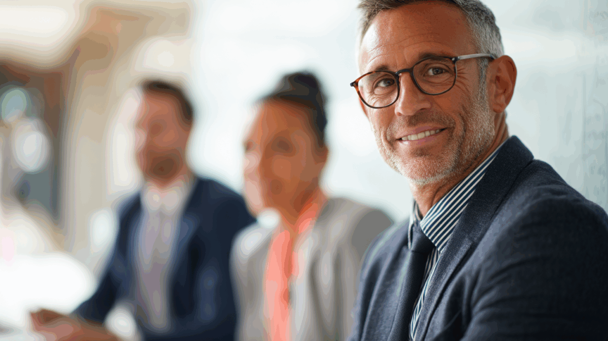 A smiling middle-aged man with glasses wears a dark blazer over a striped shirt, posing in a business setting. In the background, two colleagues are slightly out of focus, engaged in a meeting. The environment appears professional and collaborative, suggesting a team-oriented atmosphere.