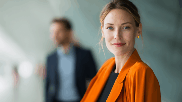 A woman in a vibrant orange blazer smiles softly at the camera, showcasing her natural beauty and freckles. In the blurred background, a man in a dark suit stands, slightly out of focus. The setting features smooth, light-colored walls that suggest a modern environment.