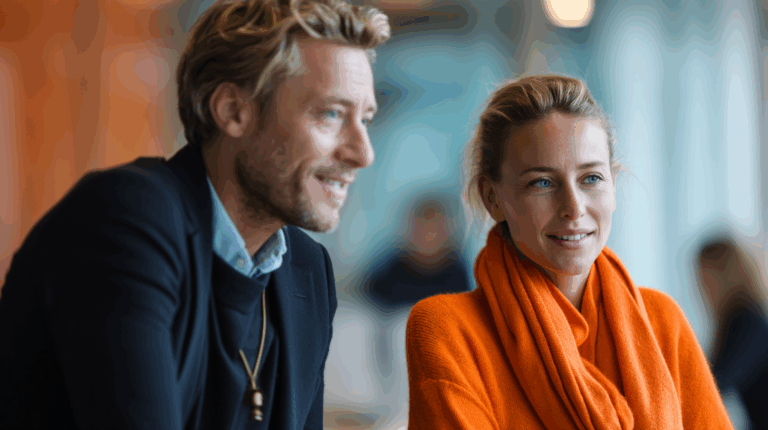 A seated man with wavy blonde hair and a dark jacket smiles at a woman beside him. She has long blonde hair and wears a bright orange scarf. They appear engaged in conversation in a modern, softly lit environment, conveying a friendly and relaxed atmosphere.
