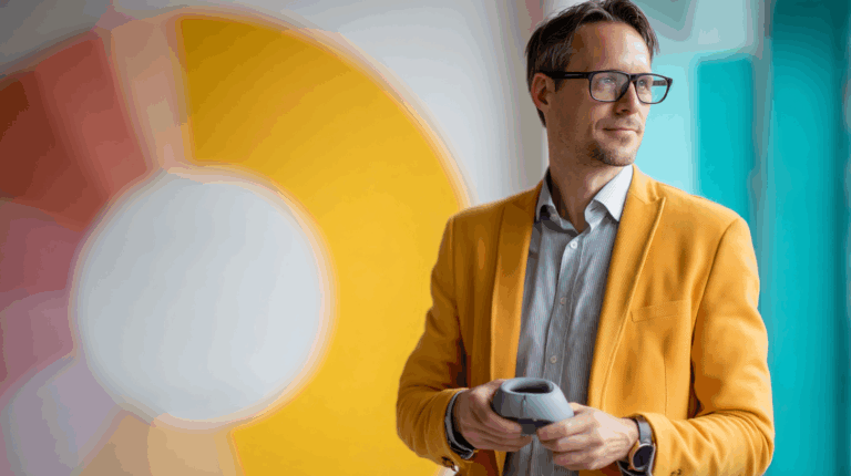 A professional man wearing a yellow blazer and glasses holds a gray device in his hands, looking thoughtfully to the side. In the background, there is a vibrant color gradient featuring pinks and yellows, adding a creative atmosphere to the scene.