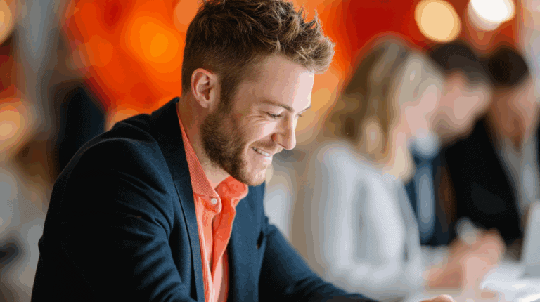 A young man with short, styled hair and a beard smiles while working on a laptop. He wears a dark blazer over a bright orange shirt. In the background, several people are engaged in similar activities, creating a professional atmosphere with warm, blurred lighting.