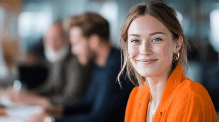 A smiling young woman with long, wavy hair wearing an orange blouse is seated at a table. She has earrings and freckles, with a soft expression. In the blurred background, two people are visible, one with a beard and another with light hair, engaged in conversation. The scene suggests a collaborative or social environment.