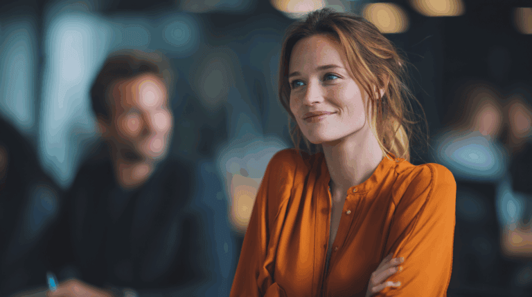 A woman with long, wavy hair and freckles wears a bright orange blouse, smiling softly while seated in a lively office environment. Blurred figures of colleagues can be seen in the background, contributing to a collaborative atmosphere. The lighting is warm, creating an inviting ambiance.