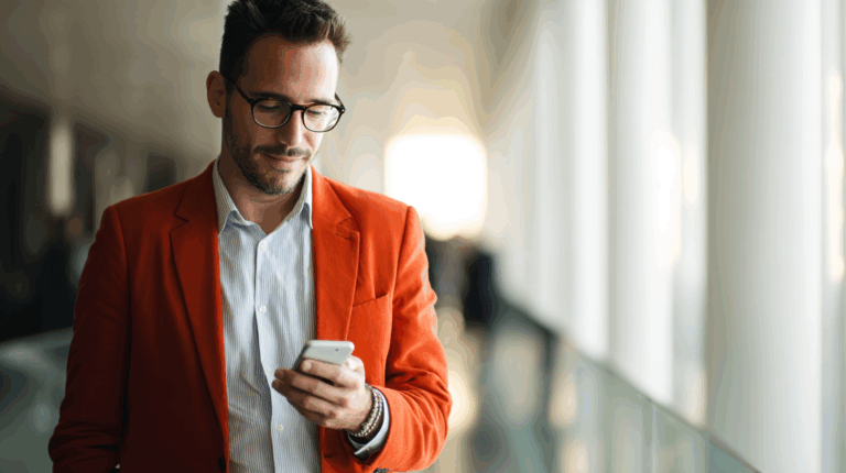 A man stands in a bright, modern space, wearing an orange blazer over a light blue shirt. He is focused on his smartphone, appearing engaged with its screen. Soft sunlight filters in, illuminating the contemporary architecture around him.