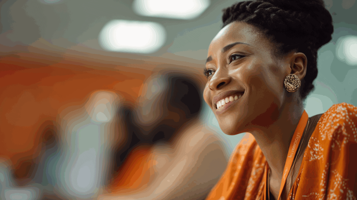 A woman with braided hair smiles while seated at a conference table. She wears a bright orange patterned top and gold earrings. In the background, blurred figures suggest a collaborative environment, with soft, out-of-focus lighting creating a warm atmosphere.