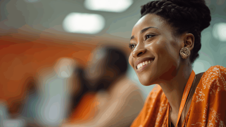 A woman with braided hair smiles while seated at a conference table. She wears a bright orange patterned top and gold earrings. In the background, blurred figures suggest a collaborative environment, with soft, out-of-focus lighting creating a warm atmosphere.