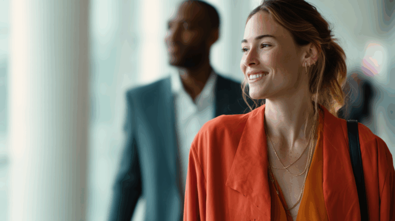 A smiling woman in an orange jacket and layered necklaces stands in a well-lit space. She appears cheerful and engaged, with a blurred man in a suit walking behind her. The setting suggests a professional or casual environment, like an office or airport.