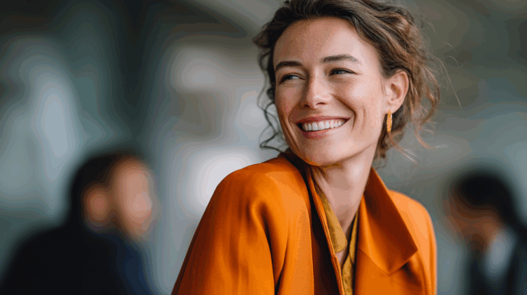 A woman with curly hair smiles brightly while wearing an orange coat over a yellow top. She has hoop earrings and is positioned in a softly blurred indoor setting, suggesting a relaxed atmosphere. Two out-of-focus individuals can be seen in the background, adding to the candid feel of the moment.