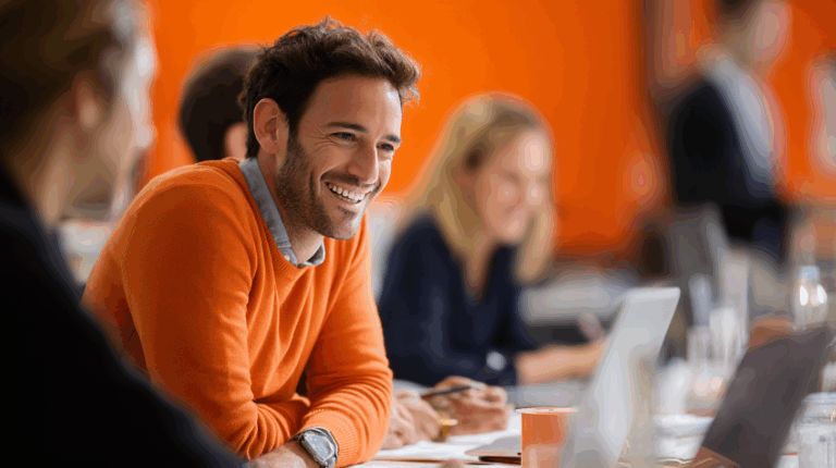 A smiling man in an orange sweater sits at a table in a collaborative workspace, engaged in conversation. In the background, two people are focused on their work, with laptops and notebooks visible. The vibrant orange wall adds a lively atmosphere to the scene.