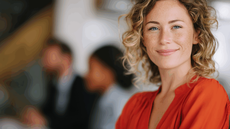 A smiling woman with curly hair, wearing an orange blouse, is in focus in the foreground. Out of focus in the background are two people, indicating a collaborative environment, likely in a professional setting. The atmosphere appears friendly and engaging.