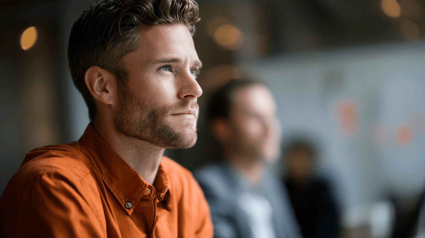 A young man with short, styled hair and a beard, wearing an orange shirt, sits thoughtfully in a meeting.