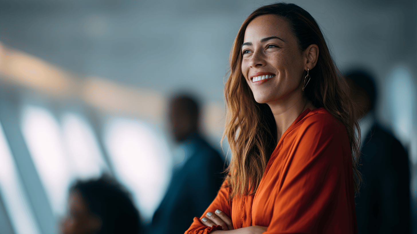 Smiling woman in an orange blouse stands in a bright room, with blurred figures in the background.