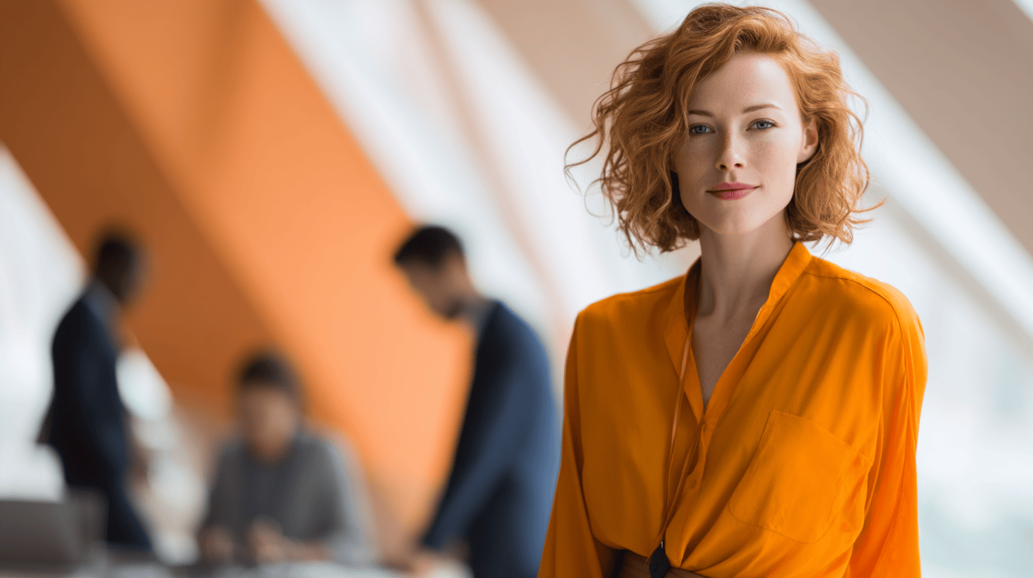 A woman with curly red hair in an orange blouse stands in an office with blurred colleagues in the background.