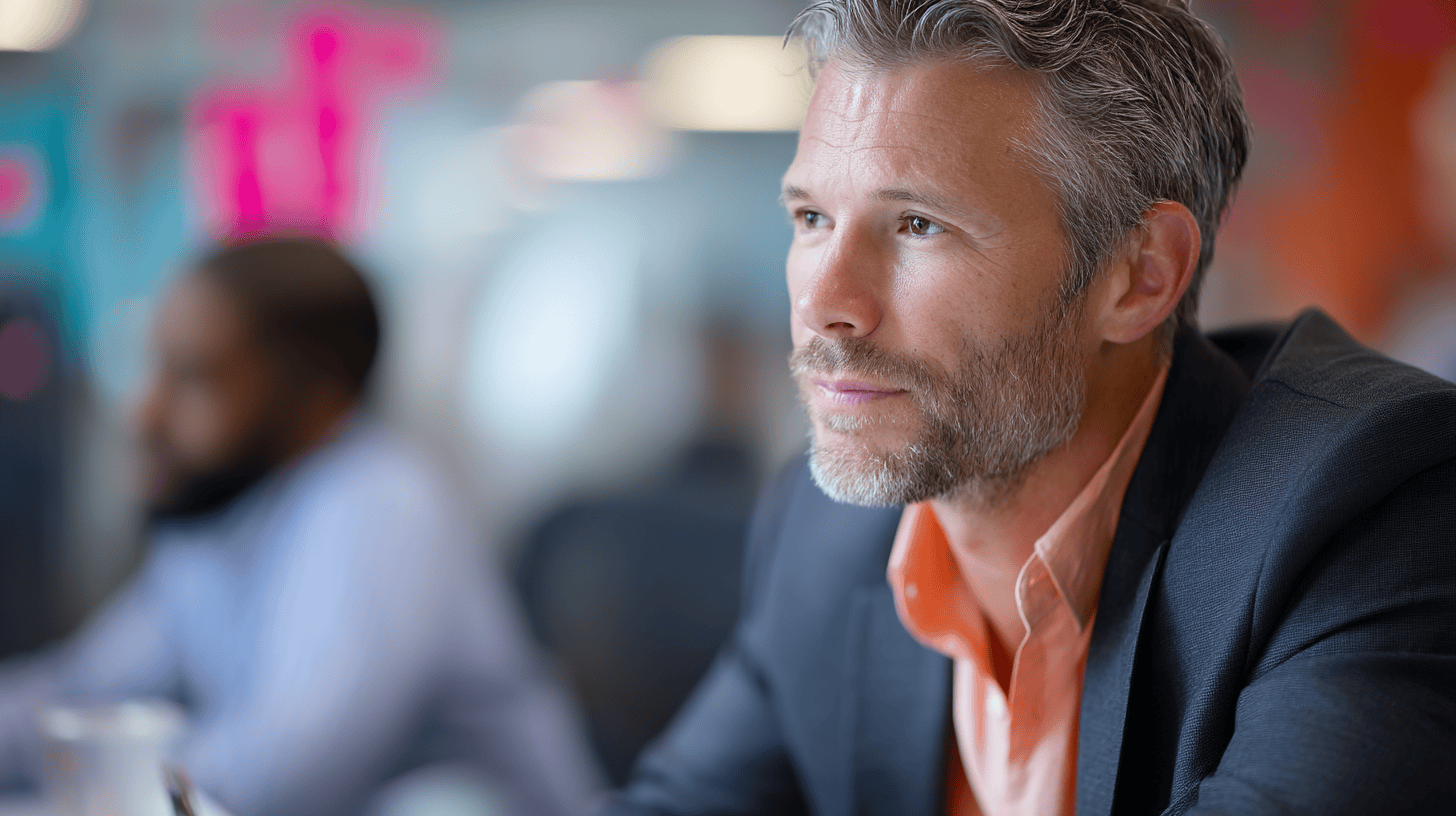 A focused man with a beard and grey hair, wearing a suit and orange shirt, sits at a desk in a modern office setting.