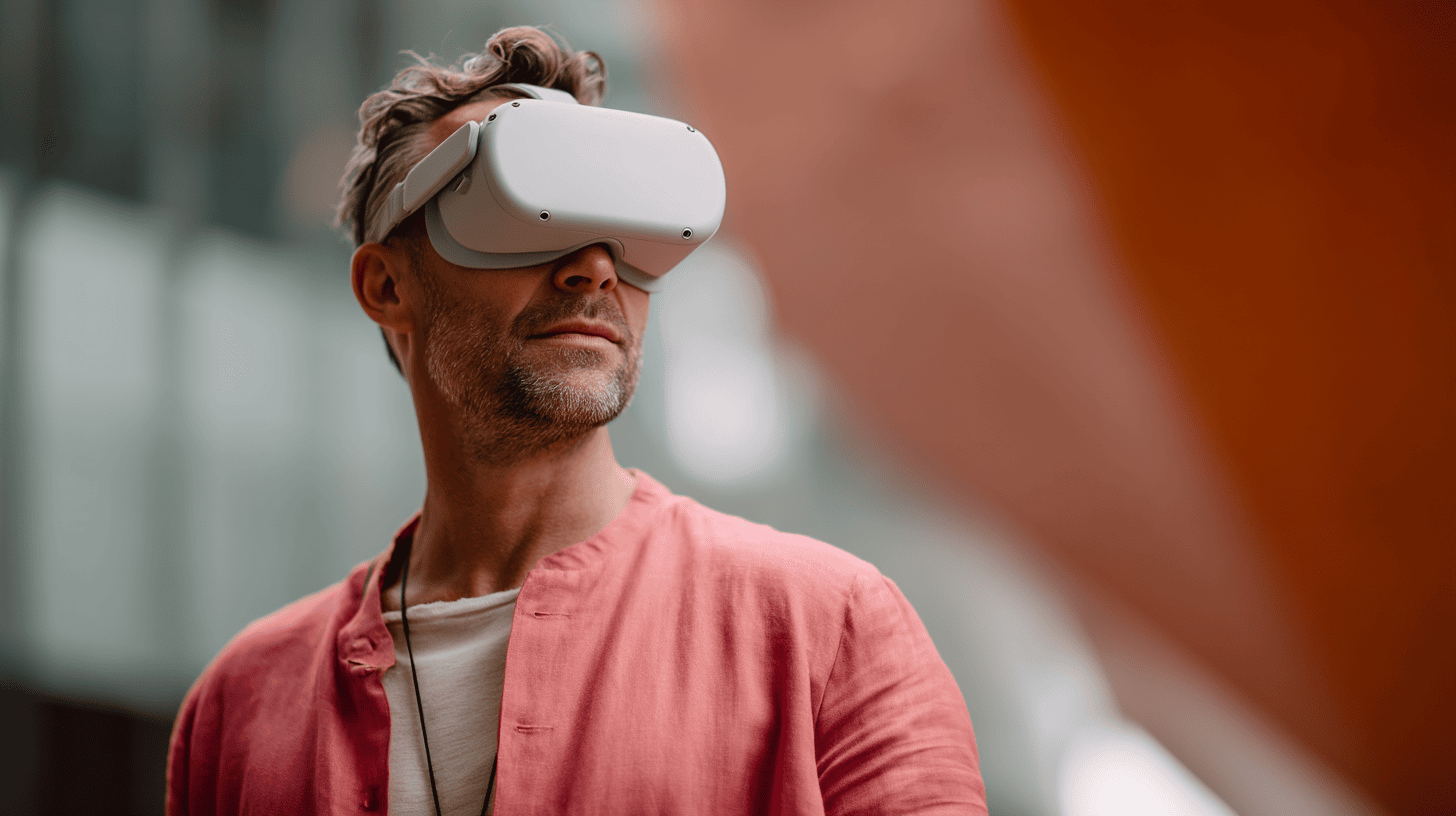 A man wears a white VR headset and a pink shirt, looking thoughtfully into the distance in a modern setting.
