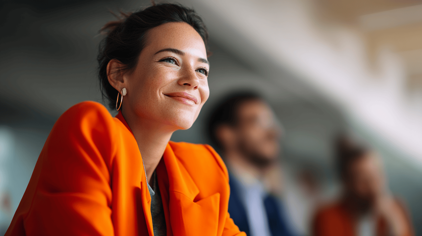 A woman in an orange blazer smiles while seated, with blurred figures of other people in the background.