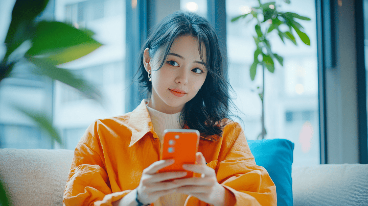 A woman in an orange jacket sits on a couch, holding an orange smartphone, with plants and large windows in the background.