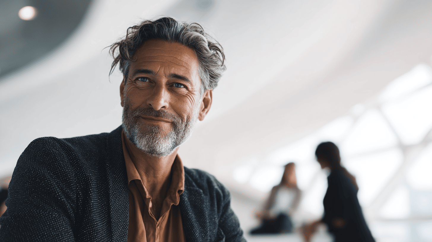 A smiling man with wavy gray hair and a beard wears a dark blazer over a brown shirt, seated in a modern, bright space.
