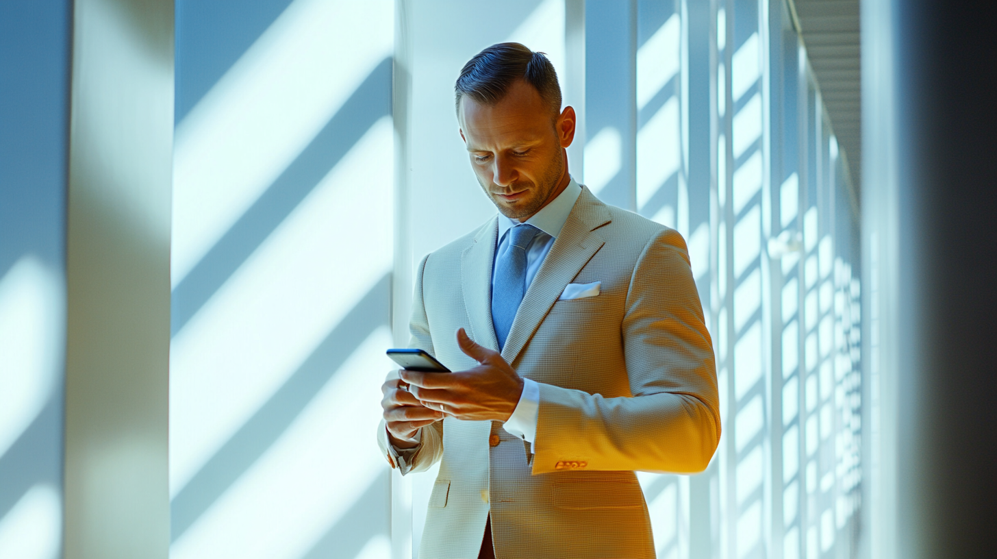 A man in a beige suit checks his smartphone, standing in a sunlit room with diagonal shadows on the walls.