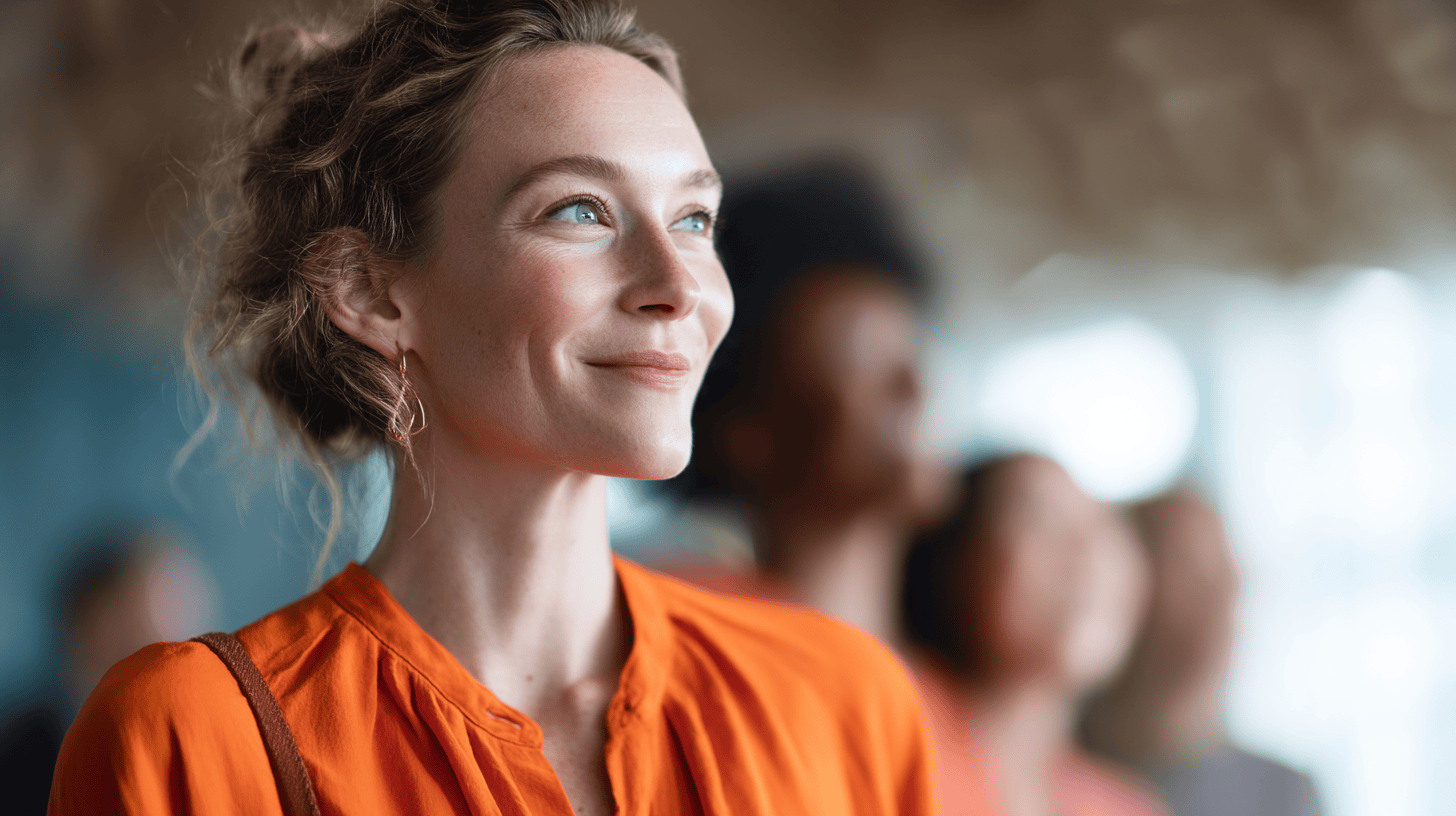 A woman with curly hair smiles, wearing an orange blouse and gold earrings, with a blurred group of people behind her.