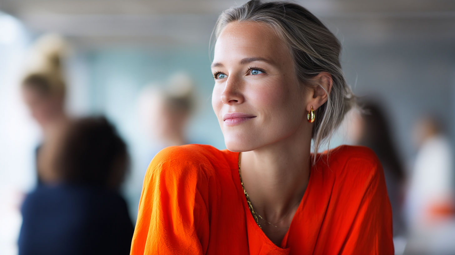 A smiling woman in an orange top gazes thoughtfully, with blurred people in the background.