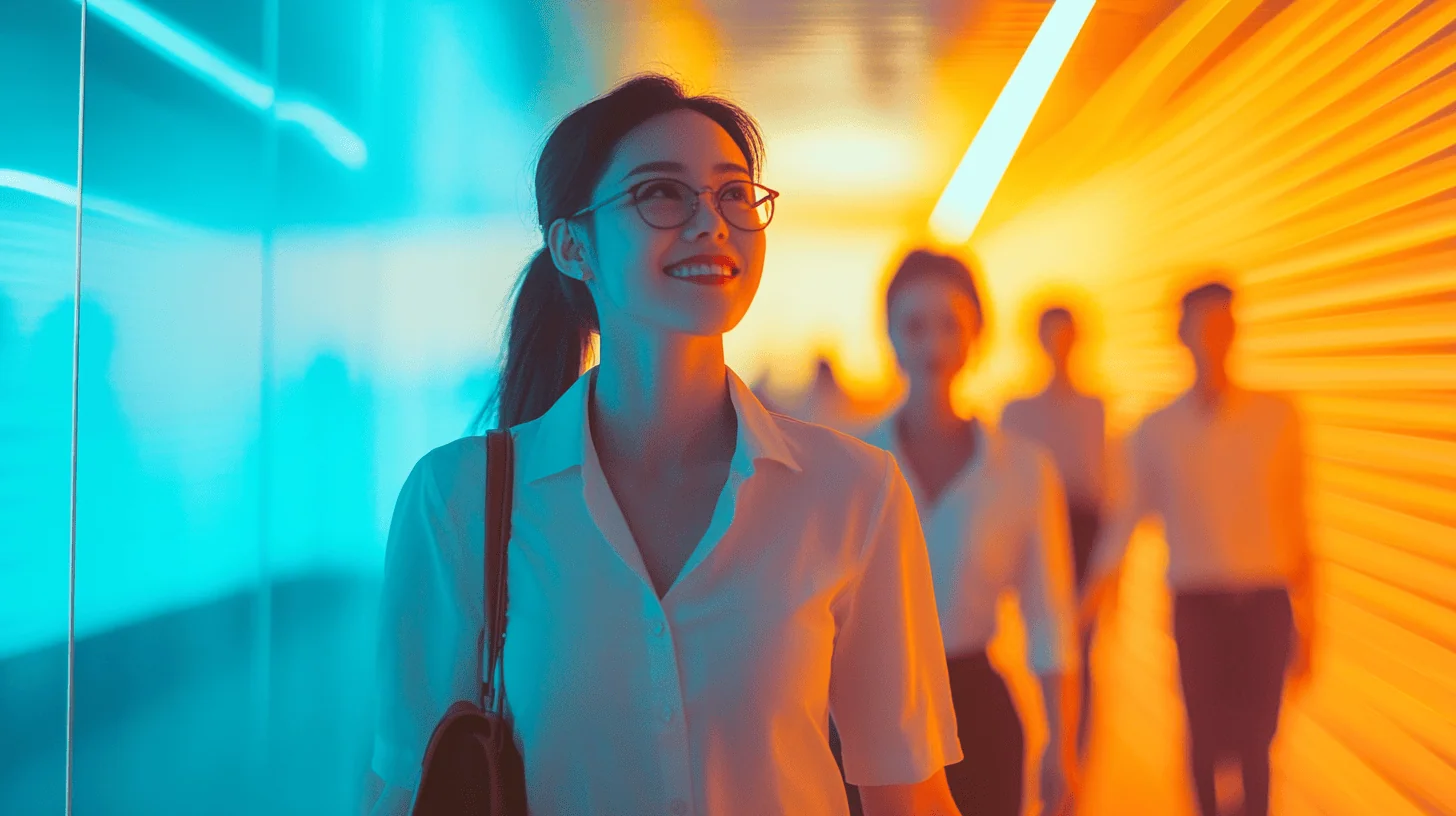 A smiling woman in a white shirt walks through a brightly colored corridor, with blurred figures in the background.