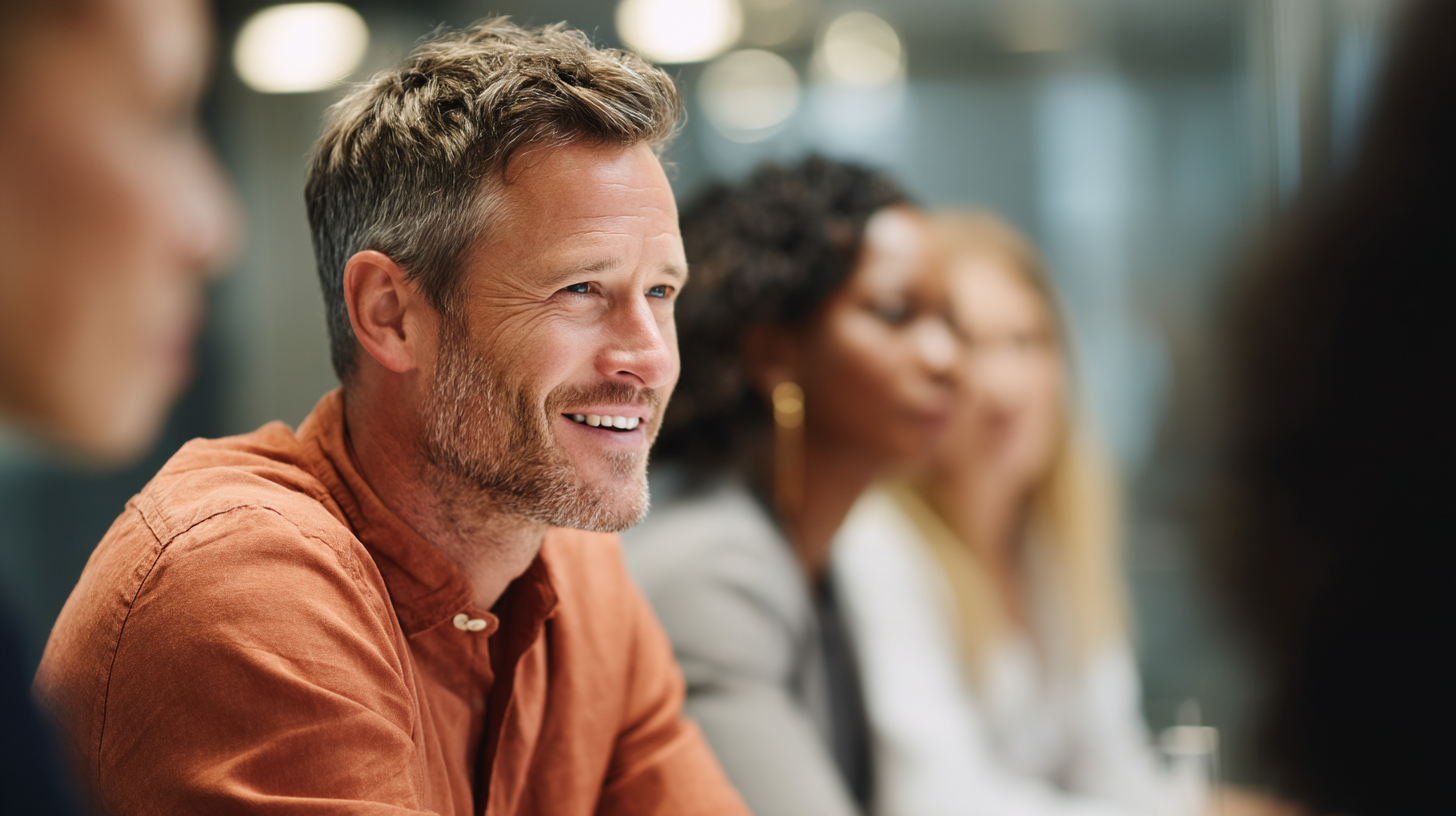 A smiling man in an orange shirt sits at a conference table, with blurred colleagues in the background.