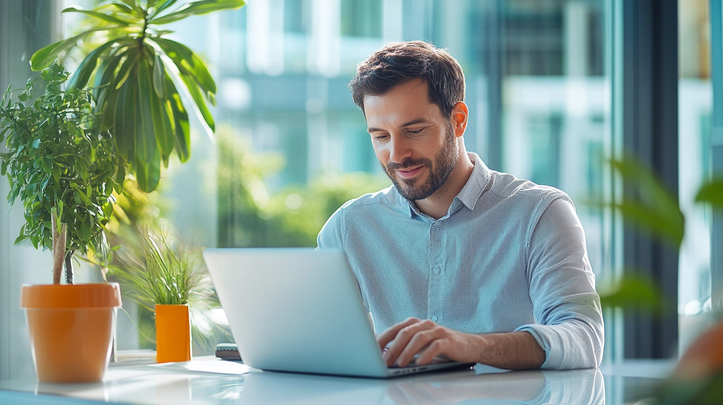 A man with a beard works on a laptop in a bright office, surrounded by potted plants and large windows.