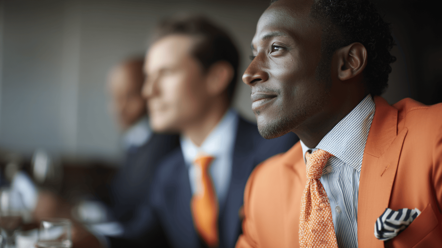 A well-dressed man in an orange suit and tie sits at a table with others, gazing thoughtfully. Background is slightly blurred.