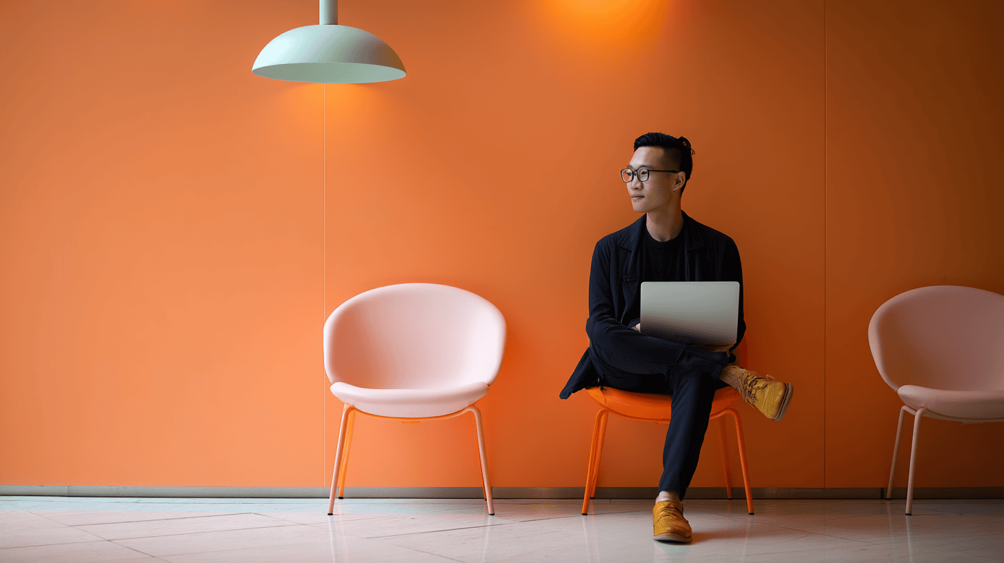 A man sits on an orange chair with a laptop, against a bright orange wall, with a pink chair beside him.