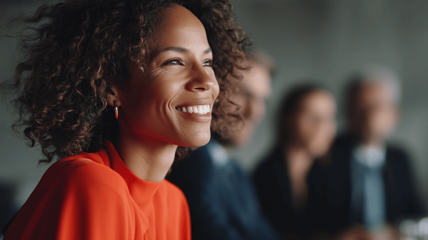 A woman with curly hair smiles, wearing an orange blouse, with blurred colleagues in the background during a meeting.