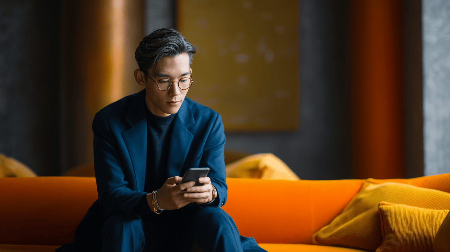 A young man in glasses sits on a colorful couch, focused on his smartphone in a modern setting.