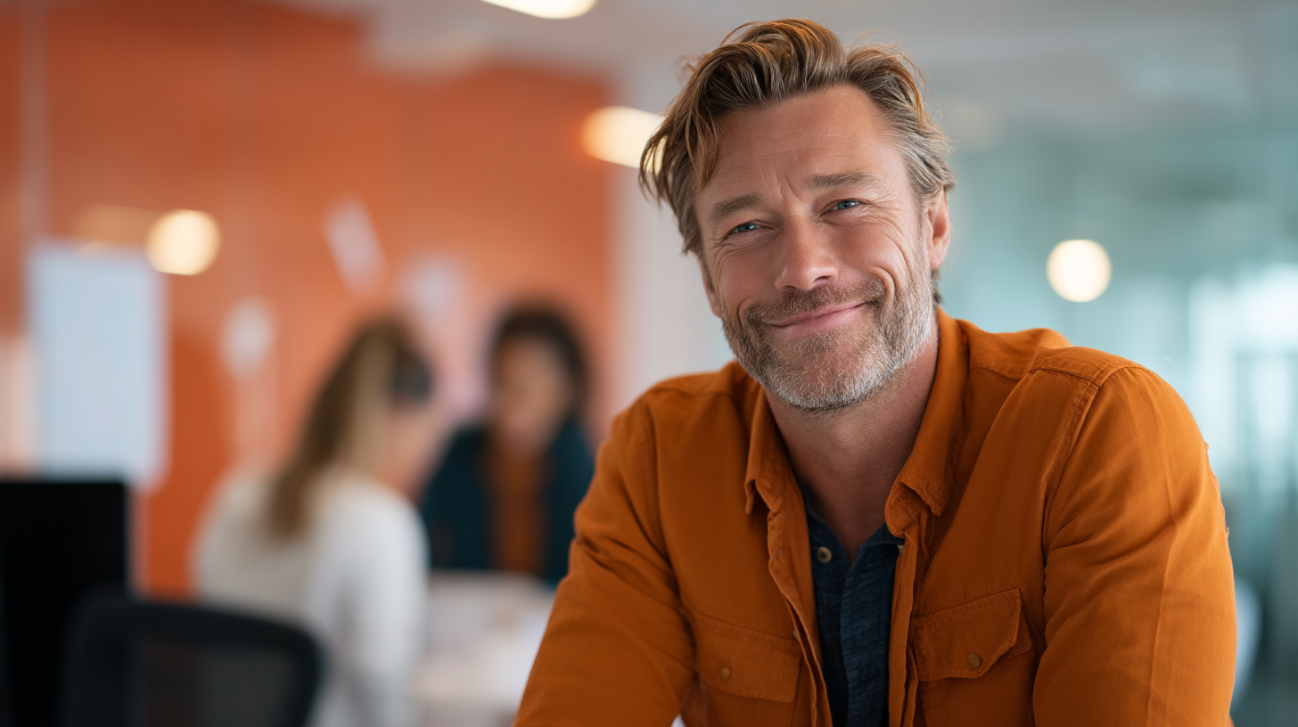 A smiling man in an orange shirt sits in an office with blurred colleagues and a warm, orange backdrop.