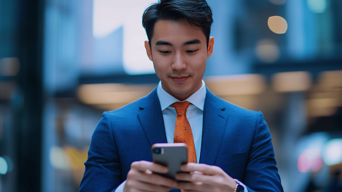 A man in a suit uses a smartphone, smiling slightly, with blurred city lights in the background.