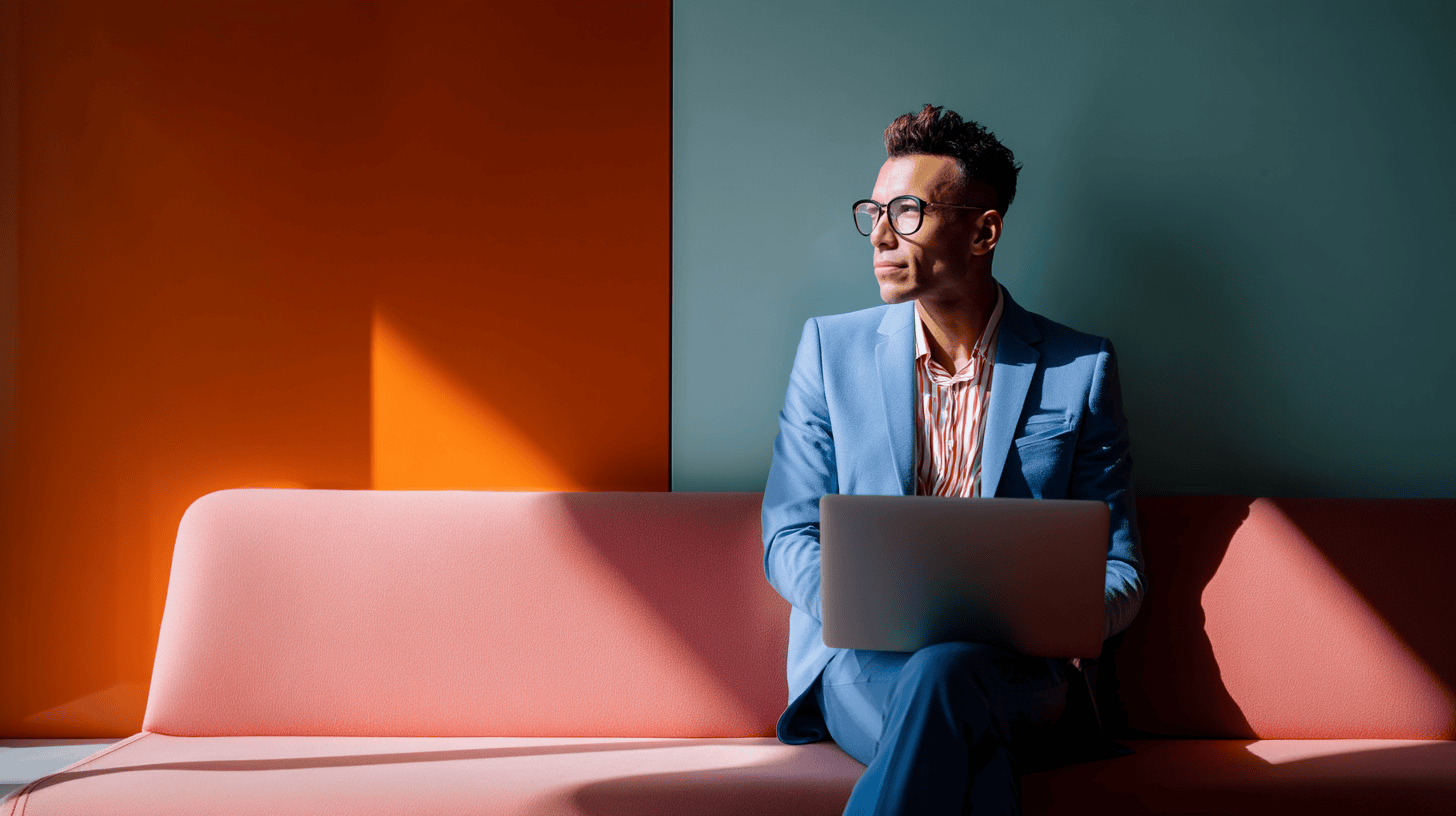 A man in a blue suit and glasses sits on a pink couch, using a laptop against a colorful background.